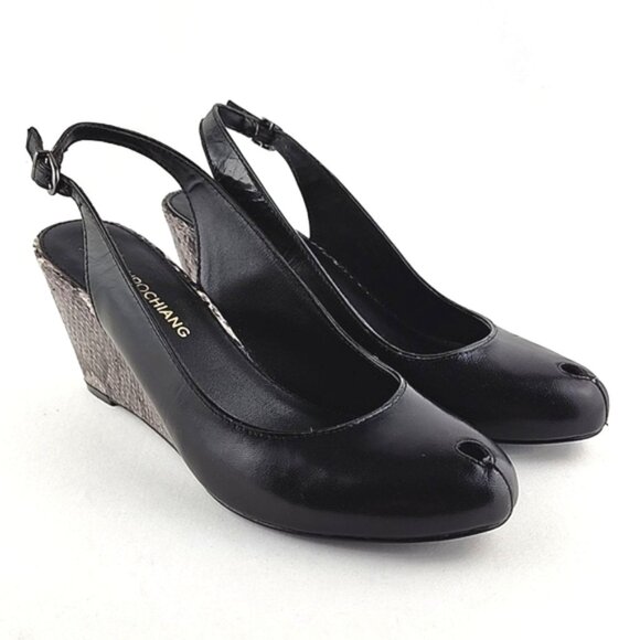 ARTURO CHIANG Black Leather Reptile Print Wedge Slingback Shoe Peep Toe Sz 7.5M - Picture 2 of 16